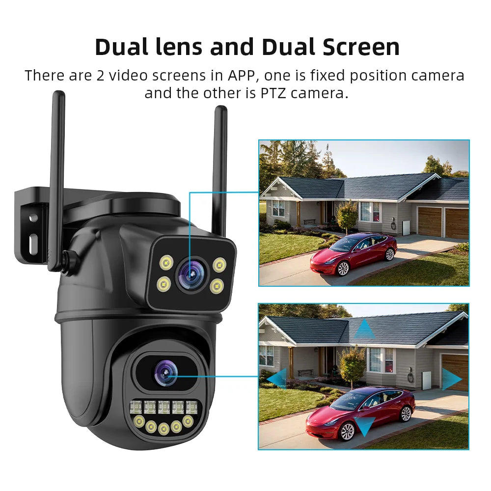 4K 8MP HD WiFi PTZ Outdoor Camera - Dual Lens AI Auto Tracking, IP CCTV with Audio & Video Surveillance