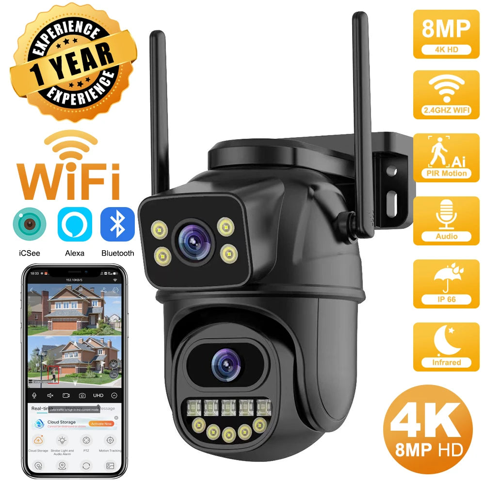 4K 8MP HD WiFi PTZ Outdoor Camera - Dual Lens AI Auto Tracking, IP CCTV with Audio & Video Surveillance