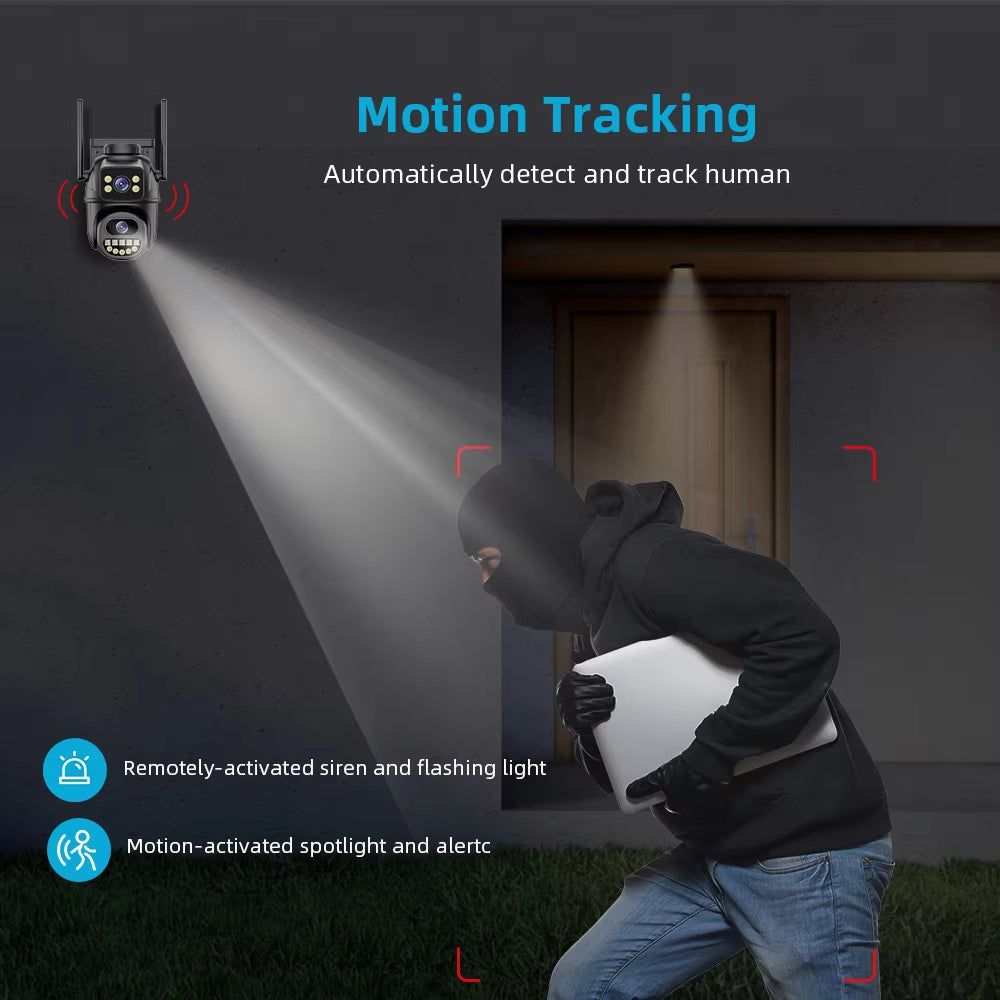 4K 8MP HD WiFi PTZ Outdoor Camera - Dual Lens AI Auto Tracking, IP CCTV with Audio & Video Surveillance
