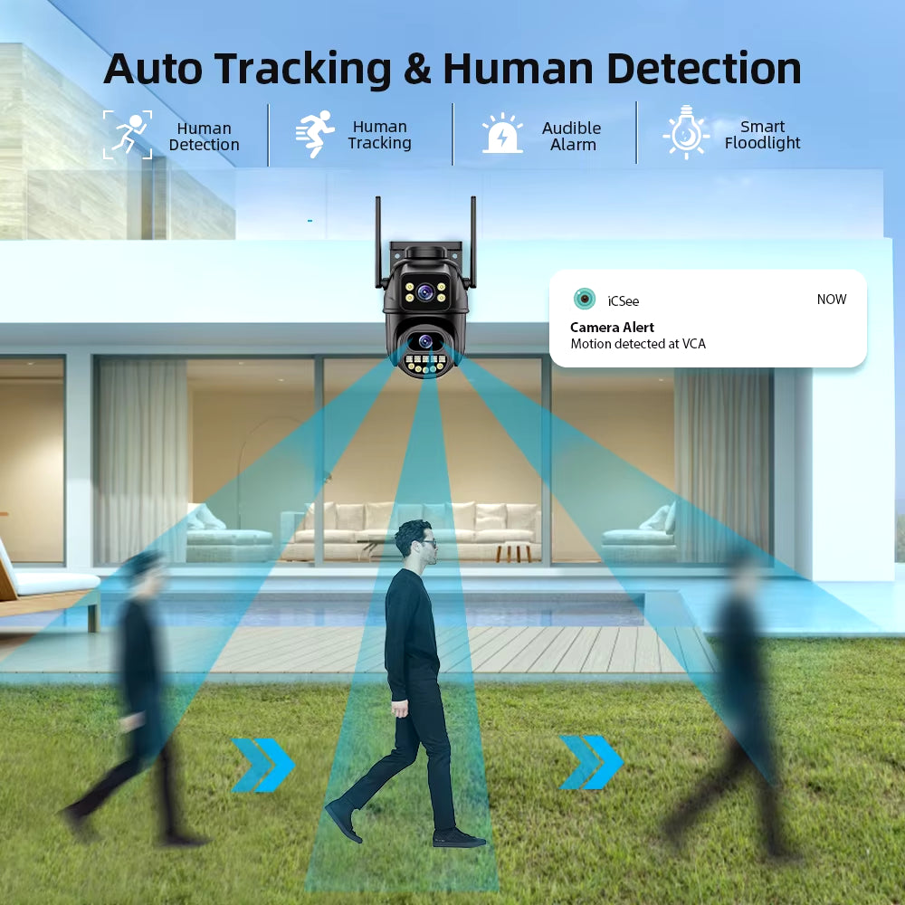 4K 8MP HD WiFi PTZ Outdoor Camera - Dual Lens AI Auto Tracking, IP CCTV with Audio & Video Surveillance